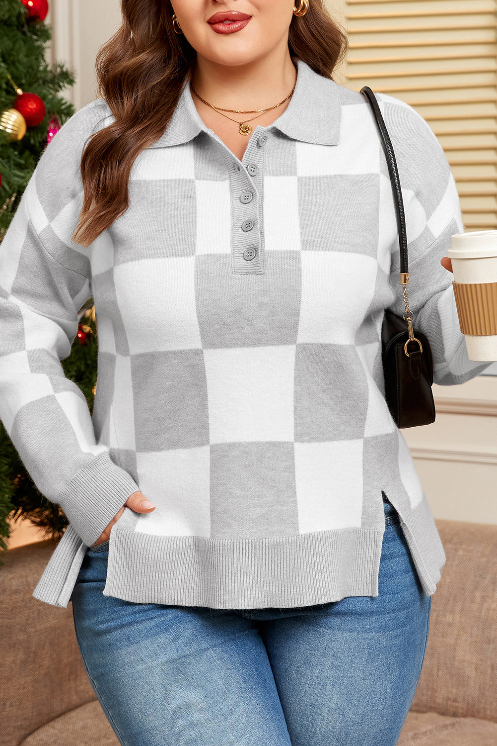 Gray Plus Size Checkered Pattern Polo Collar Split Sweater Dear-Lover Dropshipping